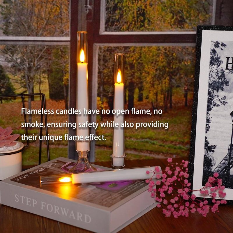 Flameless Taper Candles With Remote,6 PC Acrylic Battery Operated Candles With Candlesticks,Flickering Led Window Candles For Home Table And Wedding Decor(White)