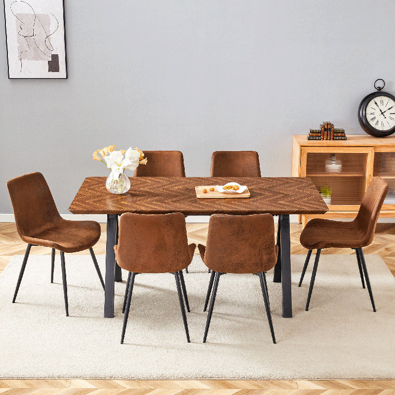 Ensemble de table de salle à manger Mid-Century moderne en bois, finition noyer rustique, 7 pièces : table, 6 chaises