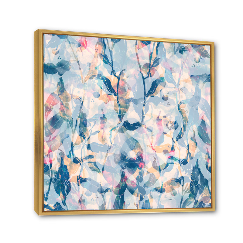 Rose et nuances de bleu - Peinture sur toile, 44" H x 44" W, Cadre flottant doré