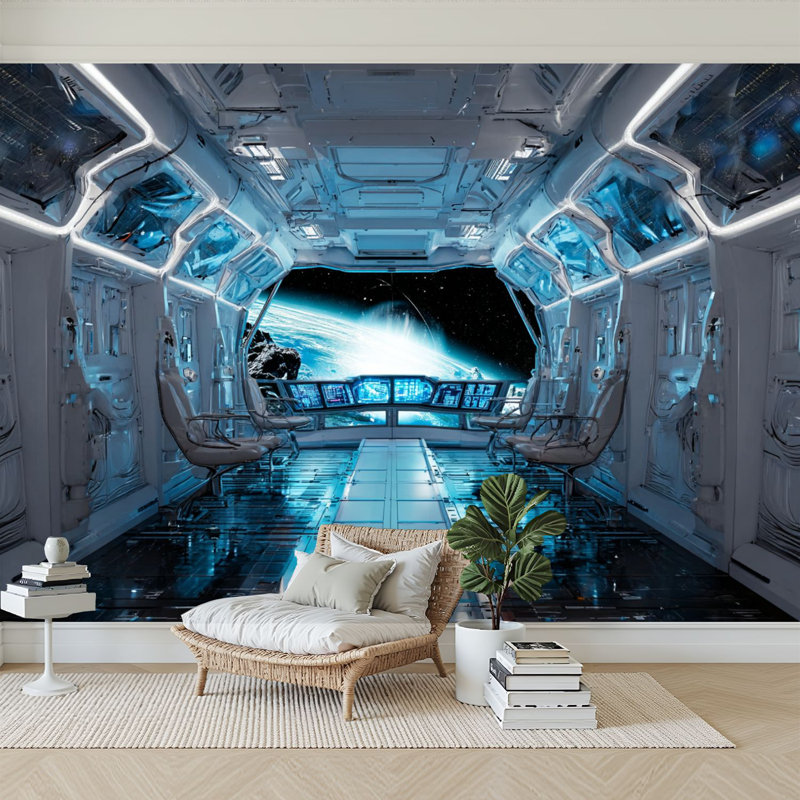 Peel and Stick Wallpaper 144" W x 100" H Modern Self Adhesive Wall Mural for Bedroom White Clean Spaceship Interior View Planet Earth 3D Rendering