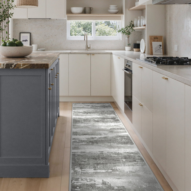 Pavelina Gray Modern Abstract Machine Washable Indoor Area Rug with Non-Slip Backing, Runner 2' x 10'