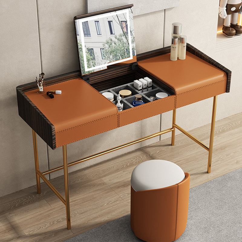 Simple solid wood clamshell mirror dresser, Gold/Brown/Orange