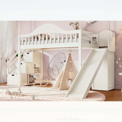 Lit mezzanine simple avec glissade, escalier de rangement et garde-robe intégrée, garde-corps haut élégant pour les chambres à coucher, les dortoirs et les invités, beige