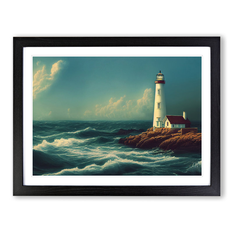 Revered Lighthouse Seascape - Single Picture Frame Painting, Black Framed, 34cm H x 46cm W x 2cm D
