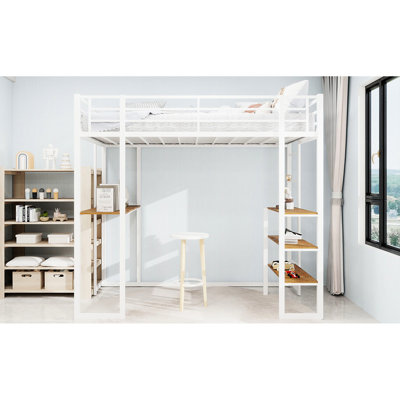 White Iron Frame Twin Bed With Built - In Table And Railing, Stable Safe For Bedroom, Double Supported Legs, Space Saving Layout L Shaped Desk Stairs, Saving, Quick Assembly