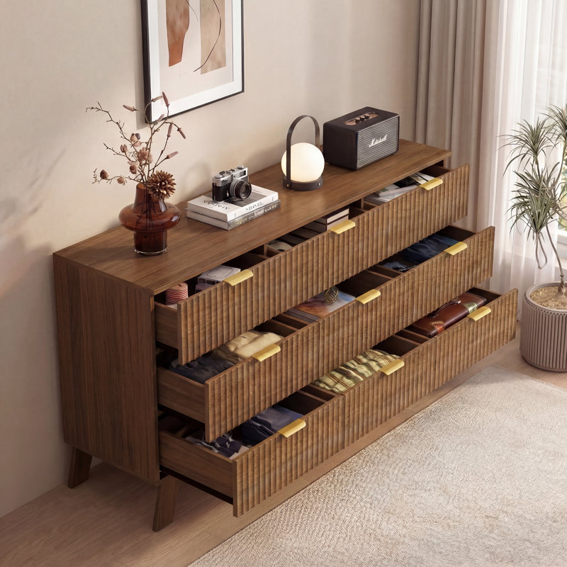 Fluted 9-Drawer Dresser 57''W Wood Wide Chest Of Drawers With Metal Handle, Adjustable Feet, Beige/STURDY