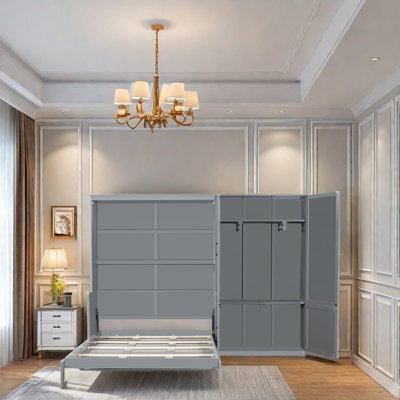 Murphy Bed With Side Flip, Hydraulic Lift System, Built-In Wardrobe Storage, Space-Saving Wall Bed With Flexible Slats, Modern Design For Guest Room, Home Office, Or Home Gym