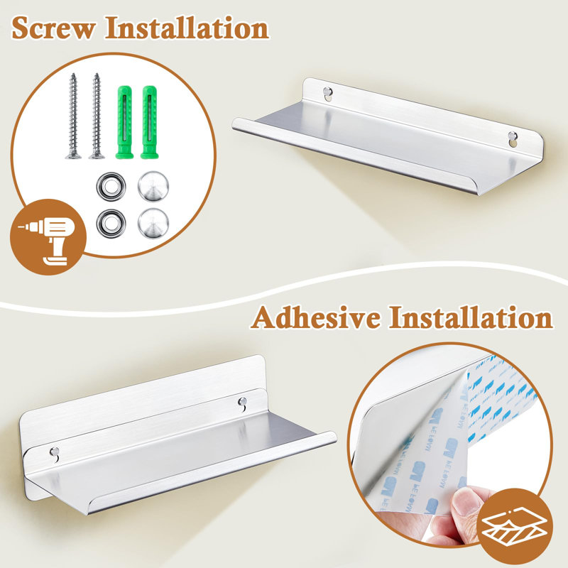 Small Bathroom Shelf, Floating Shelf For Wall, Adhesive Wall Shelf, Stainless Steel Bathroom Floating Shelf, Wall Mounted Floating Shelf, Silver Display Shelf,(Silver)