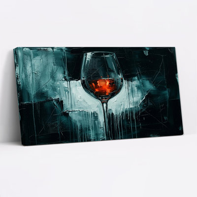 Tableau mural sur toile bleu sarcelle foncé avec un verre à vin rouge et de la peinture qui coule