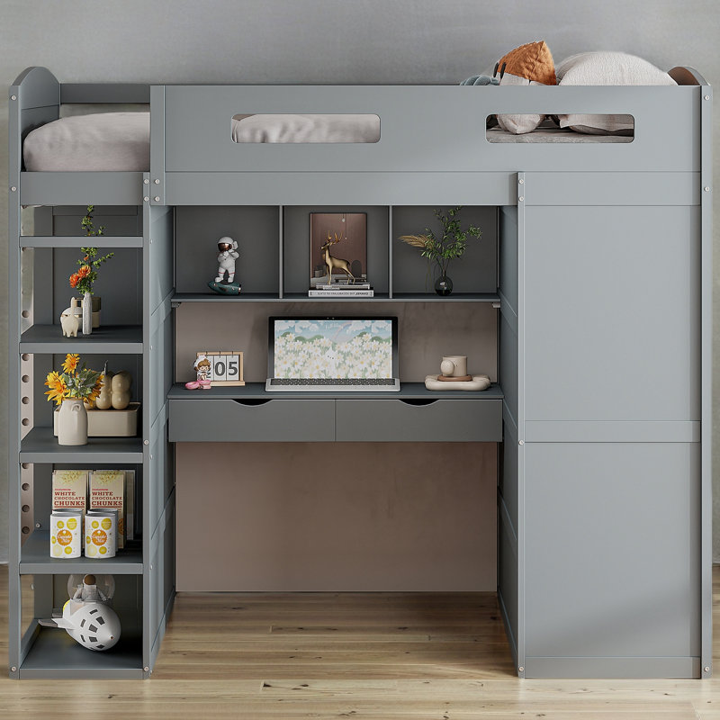 Lit mezzanine avec bureau et garde-robes, Gris