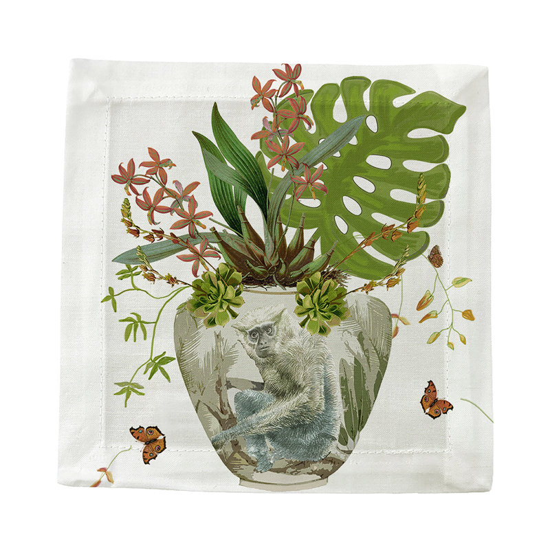 Monkey Large Jungle Cotton Sateen Cocktail Napkins, White