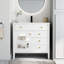 Meuble-lavabo blanc de 35,6 po de style Mid-Century avec verre antique, éclairage activé par le mouvement et beaucoup d'espace de rangement-130048061