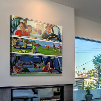 Rectangular gallery-wrapped canvas print featuring a three-panel illustration of a family on a road trip.