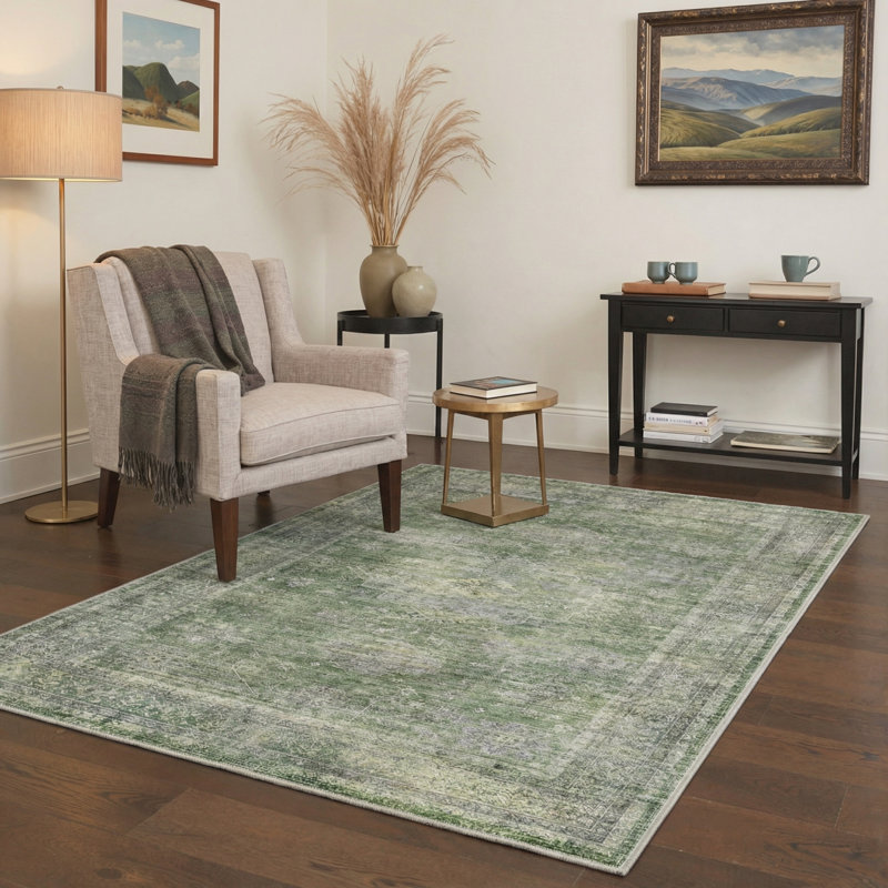 Tapis de sol vert/gris de style vintage, performant, à poils courts, lavable et antidérapant, Rectangulaire 8 pi x 10 pi