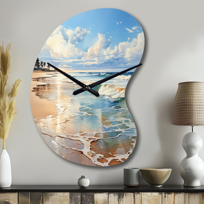 Beach Photo Seaside Reflections V - Horloge murale en forme de plage unique en métal, imprimé horloge asymétrique bleu sarcelle