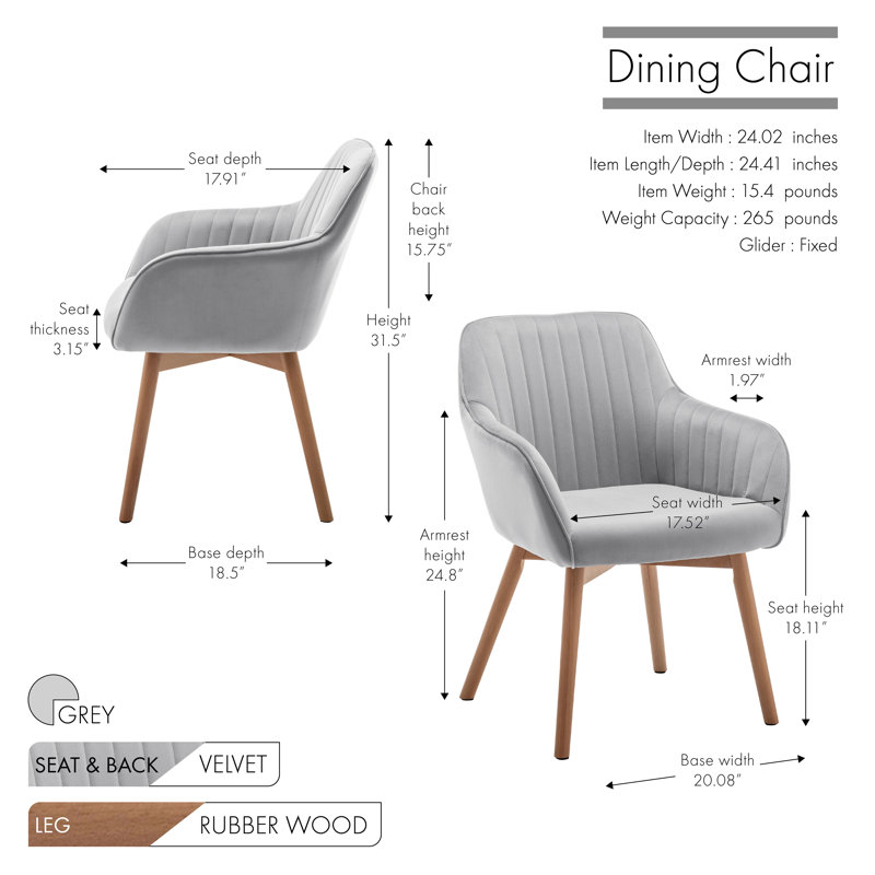 46cm H Velvet Upholstered Upholstered Back Armchair, Grey