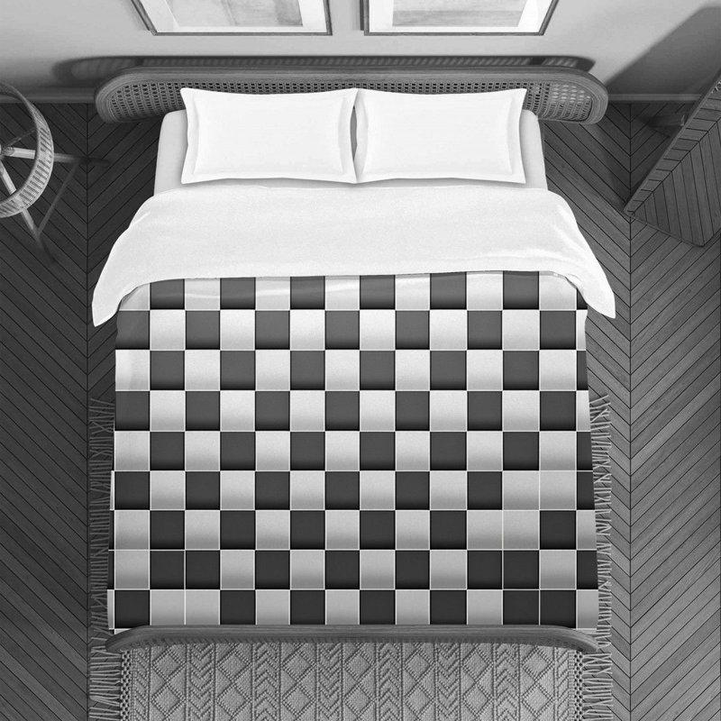 Housse de couette , Housse de couette pour lit simple, Gris / damier argenté