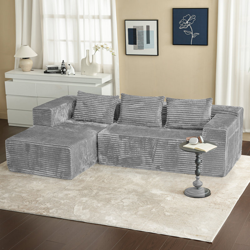 Boneless L-Shaped Deep Seat Modular Sectional Sofa, Corduroy Upholstered Cloud Boneless Couches With Side Pockets