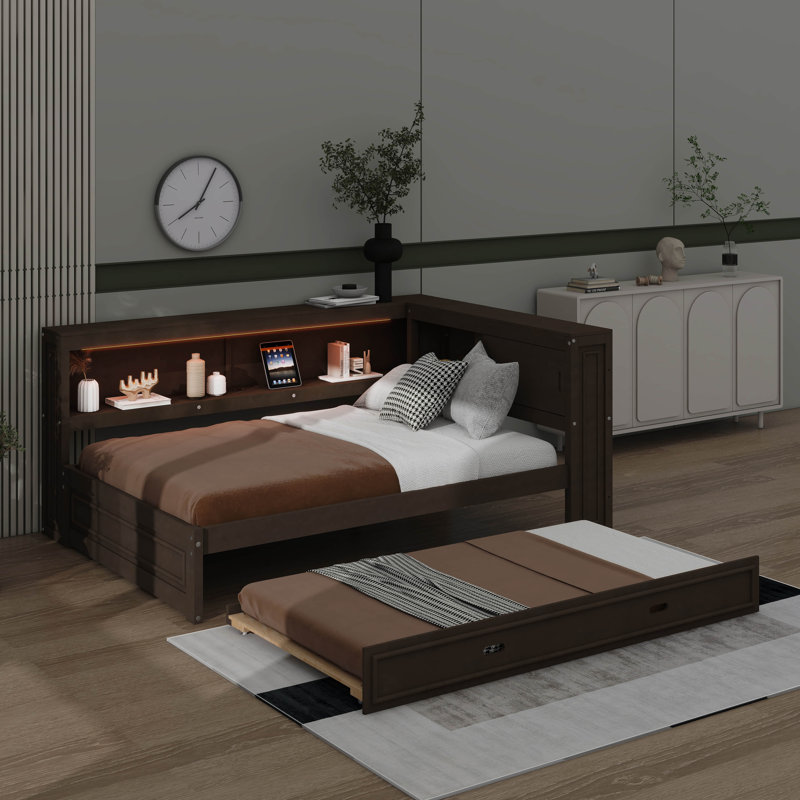 Full Size  Multifunctional Daybed With L-Shaped Trundle Frame Storage Shelves Built-In USB Ports And LED Lighting