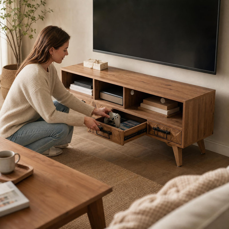 55.1" Mid-Century Solid Wood TV Stand with 3 Storage Drawers & Open Cubby Shelves, Rustic Media Console Table for TVs Up to 60 Inch, Farmhouse Entertainment Center with Cable Holes for Living Room