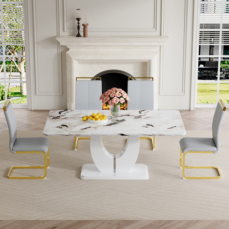 Ensemble de table de salle à manger, Gris clair / doré, 5 pièces, Dalishis