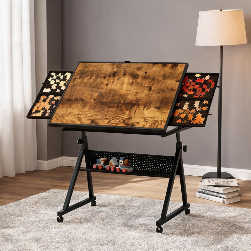 Bureau d'écriture à hauteur réglable avec couvercle en bois, 4 plateaux et roulettes, noir de jais, 35,43 L, table de casse-tête 1500 pièces pour la maison