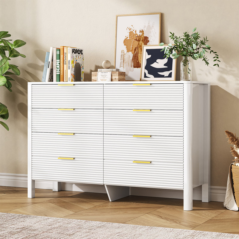 47.2" W High Gloss Dresser with 8 Drawers, Modern Chest of Drawers with Gold Handles, White