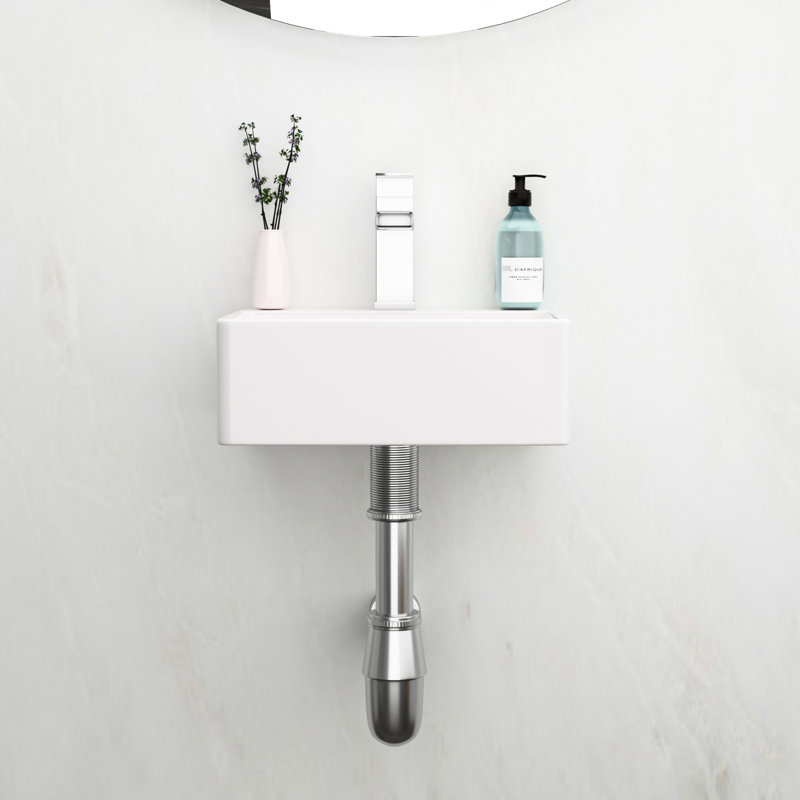 White Ceramic Wall Mount Bathroom Sink With Single Faucet Hole, Stain , Modern Style, More Usable Space, Installation Instructions Provided 13.6X11.6 Inch Rectangle Mounted Sink, Low Water