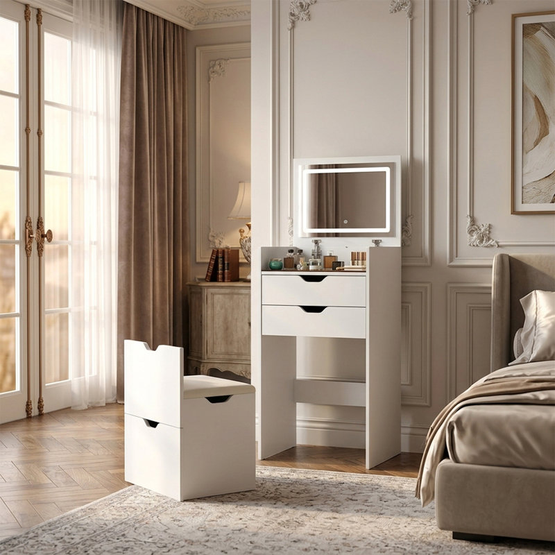 Bureau de coiffeuse blanc 3 en 1 avec miroir rabattable, 2 tiroirs, rangement de tabouret caché et éclairage à DEL 3 couleurs