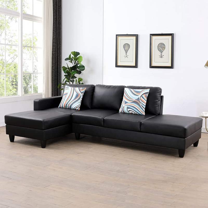 2-piece Faux Leather L-shape Lint Sectional Sofa, Black Faux Leather, Left Hand Facing