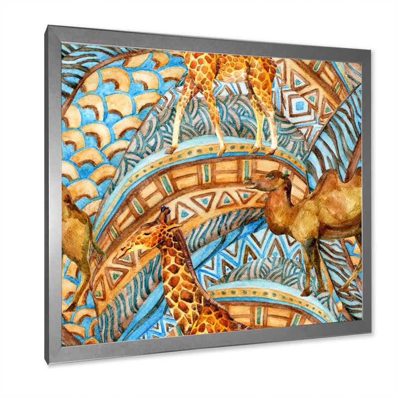 Girafe et caméléon sur une géométrie africaine - impression sur toile, H 30 po x l 30 po, Cadre photo argenté