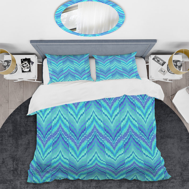 Blue Ikat Ogee - Ensemble de housse de couette abstrait - Microfibre de polyester
