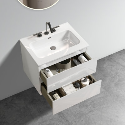 Fixation murale 24 po blanc brillant pour armoire de salle de bain - 3 trous de lavabo en céramique, rangement abondant, meuble-lavabo silencieux avec grande unité