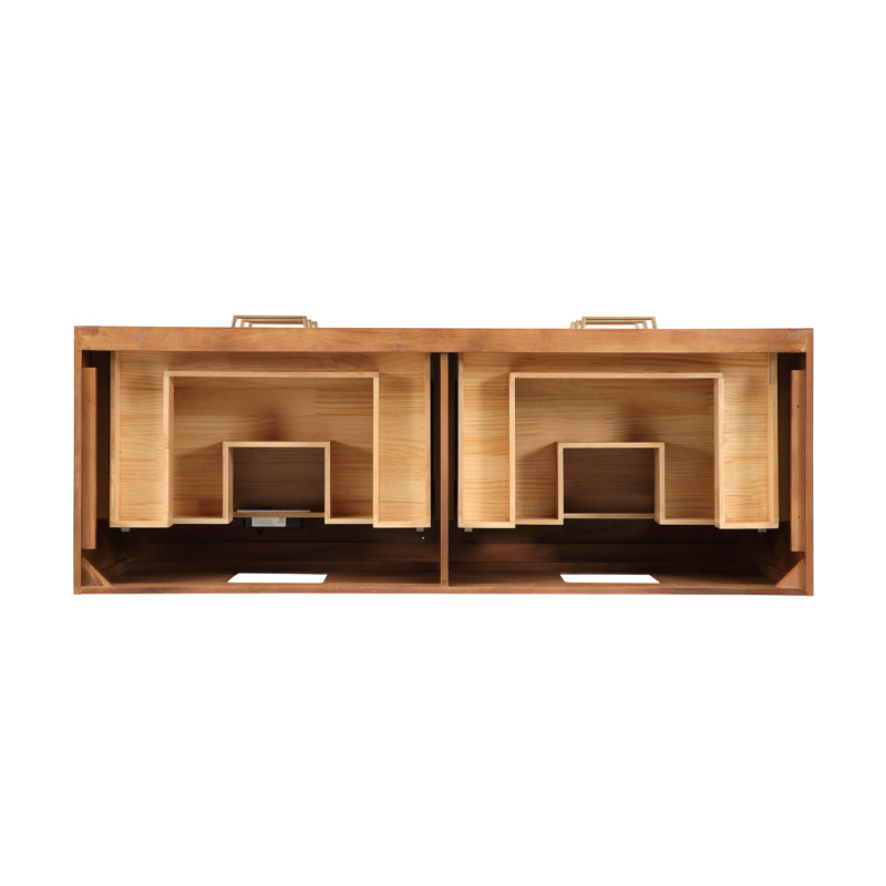 Markham 60 in. Double Vanity, White Quartz, Walnut, Satin Brass