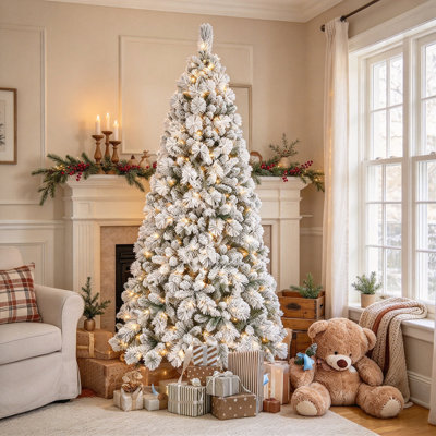 Arbre de Noël enneigé 4 pi / 5 pi / 6 pi / 7 pi / 7,5 pi / 8 pi / 9 pi, lumières DEL blanc chaud, branches en PVC et à aiguille dure, structure à charnières, support en métal robuste, arbre de Noël artificiel enneigé pour la décoration intérieu