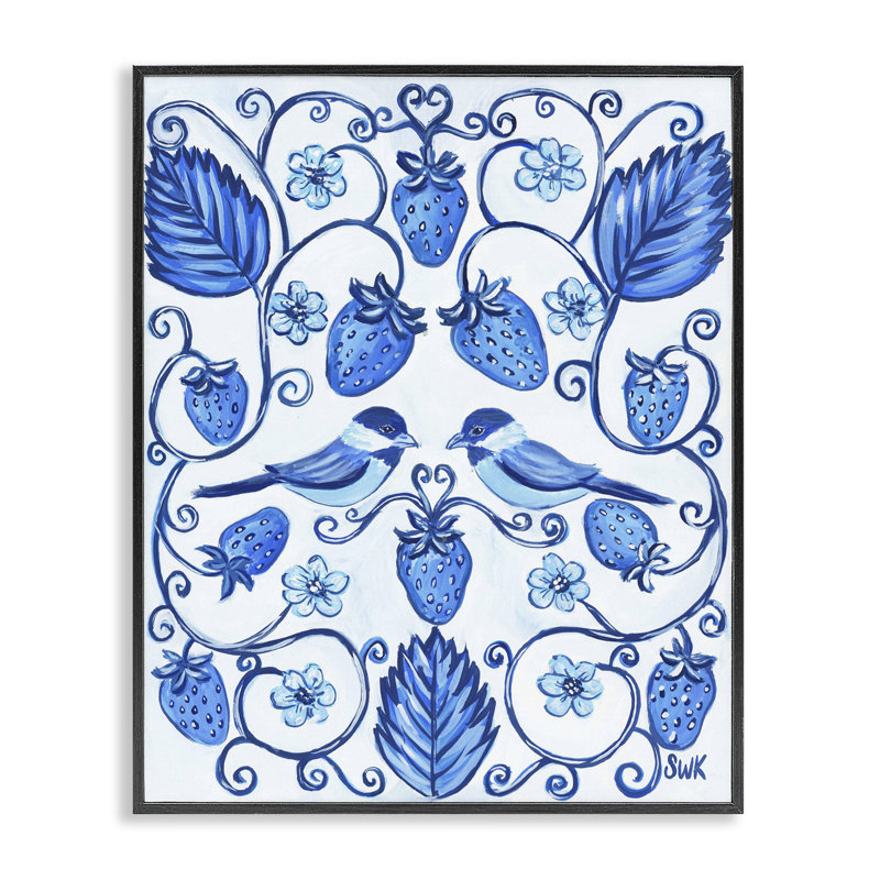 Fraise bleue avec oiseaux, estampe numérique, design par Sarah Waldron Kimball, H 14 po x l 11 po