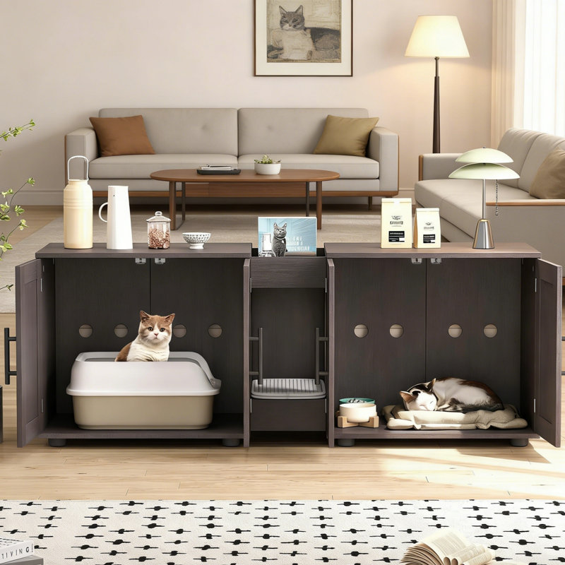 Enceinte de litière pour chat, meubles cachés en bois pour chambre double avec rangement, Noir