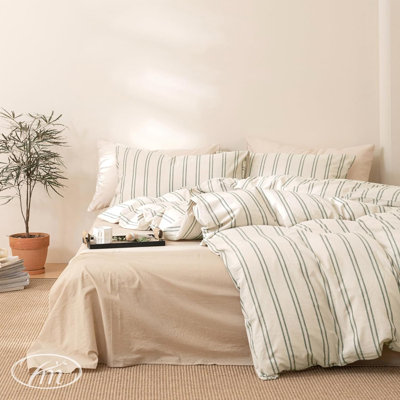 Ensemble de housse de couette double, ensemble de literie à rayures grises beiges en coton délavé doux, 3 pièces, housse d'édredon à rayures verticales vert foncé avec fermeture à glissière - 80 po x 90 po