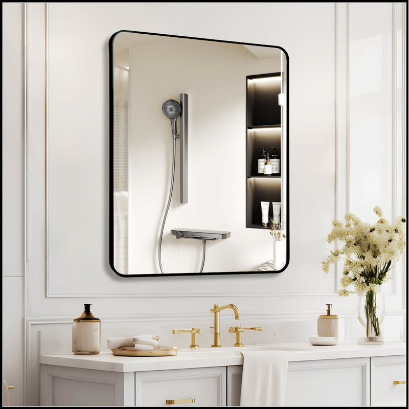 Miroir mural de salle de bain rectangulaire 30 po x 36 po avec cadre en verre HD et antirouille pour des reflets clairs et un design élégant