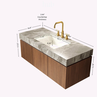 Meuble-lavabo de salle de bain de 122 cm (48 pouces) avec armoire flottante en contreplaqué, comptoir en pierre frittée Roma Travertine et lavabo en céramique, préassemblé pour une installation facile