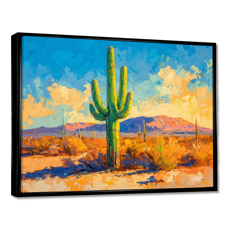 Saguaro dans la lumière dorée II - cactus, art mural, Noir, H 12 po x l 20 po, Cadre flottant
