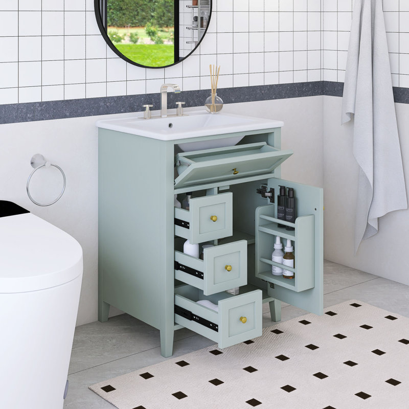 24'' Freestanding Single Sink Bathroom Vanity With Ceramic Top, Green, Gold