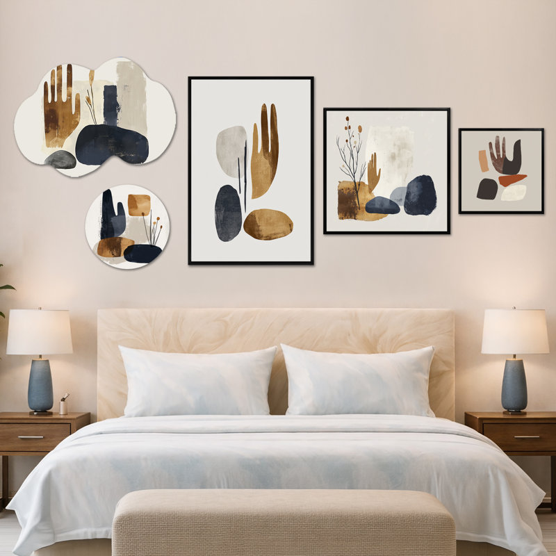 Minimal & Geometric Nature Tones II - grande décoration murale abstraite noire, ensemble de 5 toiles encadrées et métal (100 po x 40 po)