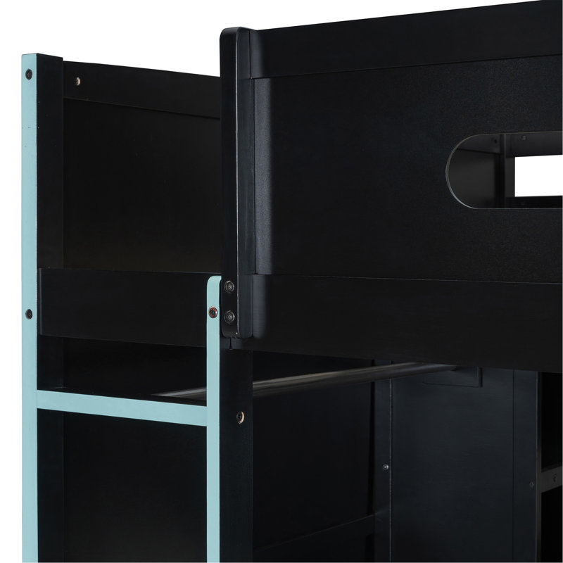 Lit mezzanine double en bois pleine grandeur avec bureau, garde-robe, grand espace de rangement et RVB clair, bleu nuage