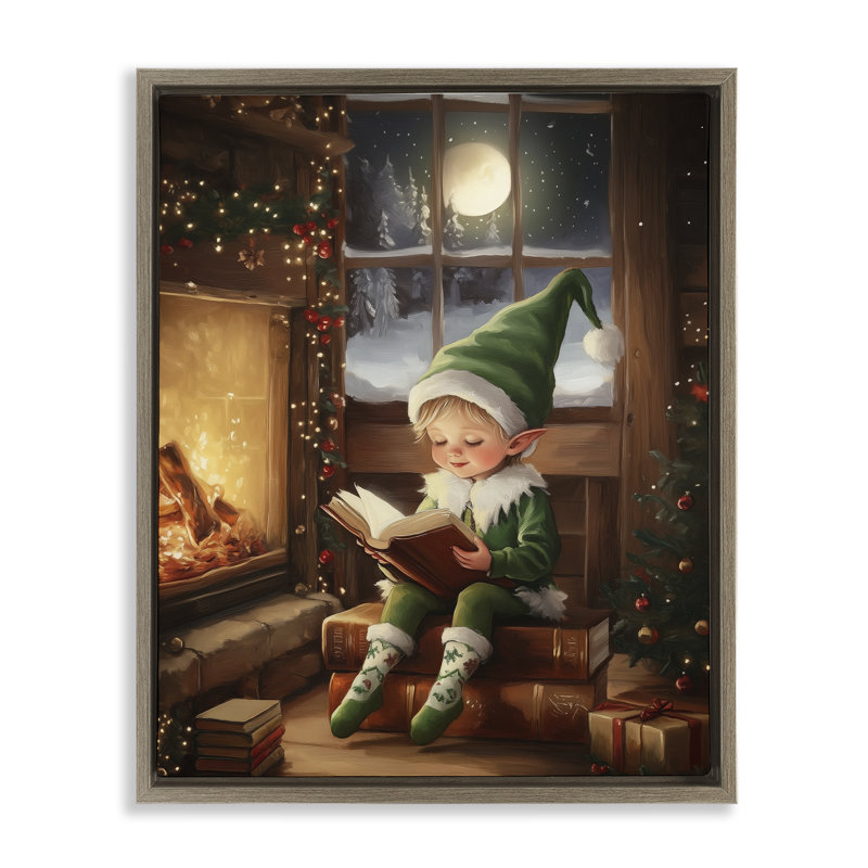 «Reading Elf» par Fireplace Floating Frame, conception par Arlington Prints, Cadre flottant orme Montalcino