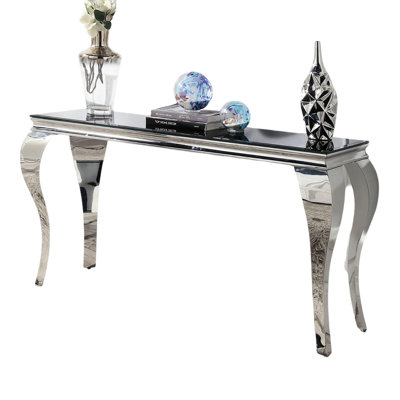 Contemporary Interior Table, Black Glass Surface And Silver Stainless Steel Legs Living Space Desk, Tempered -Style Metal