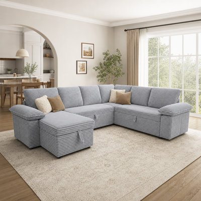 118" Oversized U-Shaped 7-Seat Couch with Pull Out Bed and Hidden Storage, Breathable Corduroy Sectional Sleeper Sofa for Living Room, Apartment & Office, Dark Grey