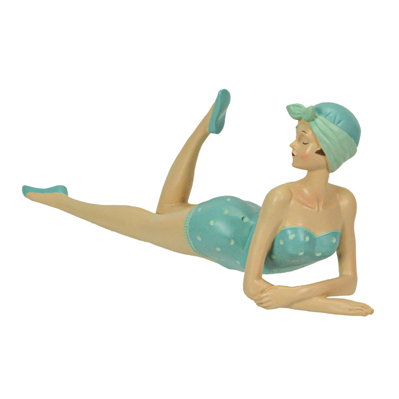 Shelf and tabletop vintage beach girl figurine in sage green polka dot swimsuit — hand-painted cold cast polyresin, 13.5 x 3.25 x 5.75 in