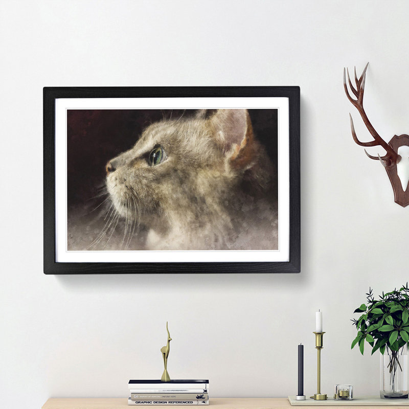 Curious Cat - Picture Frame Graphic Art Print, Black Framed, 45cm H x 63cm W x 2cm D