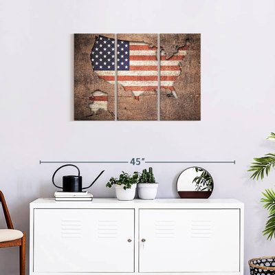 «USA Map Wooden Flag USA Map», reproduction sur toile 3 pièces par Jorge S